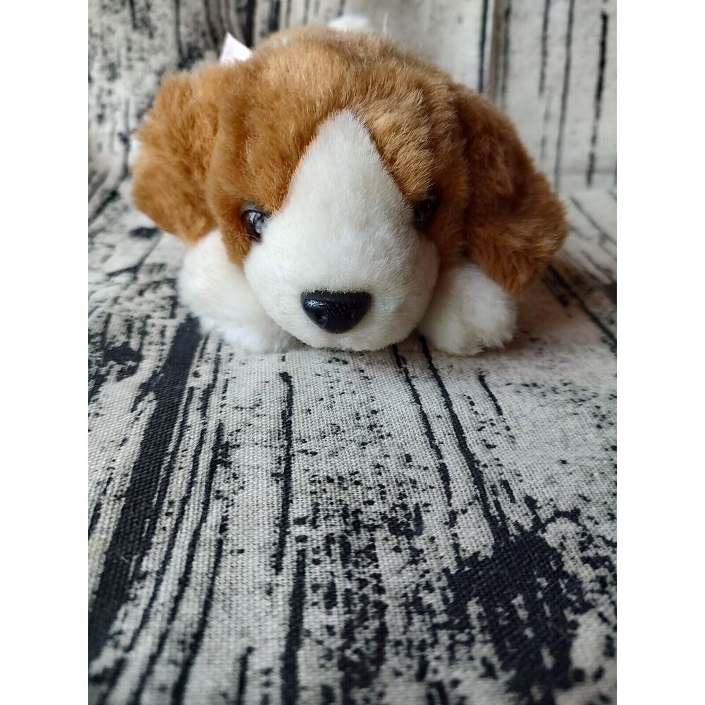 vtg Baby Beagle Dog Plush Beanbag Soft Stuffed Toy 8in Brown White Pink Bow